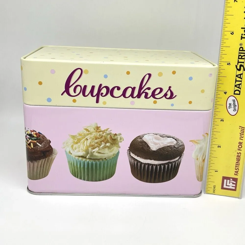 CUPCAKES Recipe Box Keepsake Tin w/99 Recipes & Dividers Desserts Metal Hinged